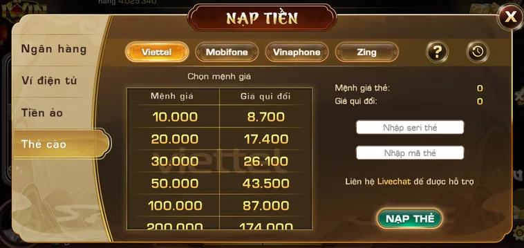Nạp tiền thẻ cào an toàn tiện lợi  nhanh chóng.